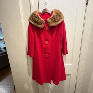 Vintage Red Coat with Mink Fur Collar